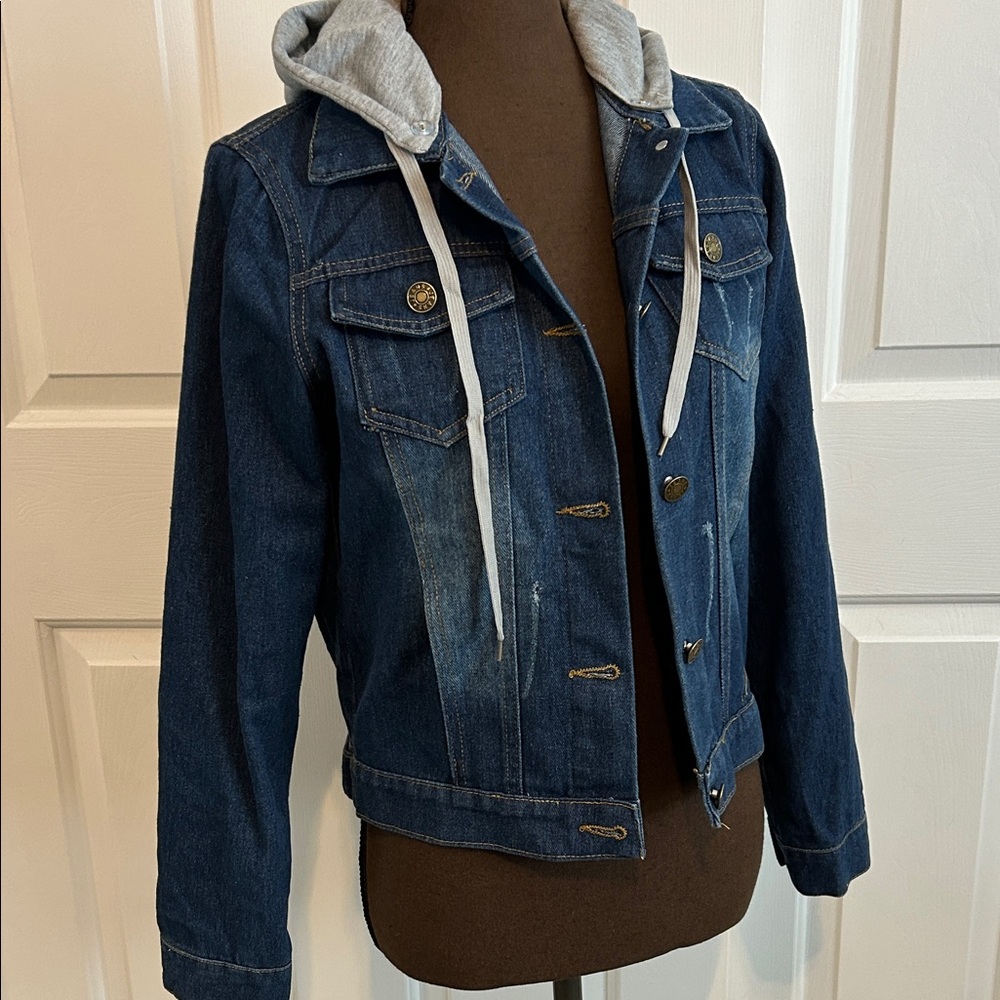 New, Denim Jacket with removable Gray Hood